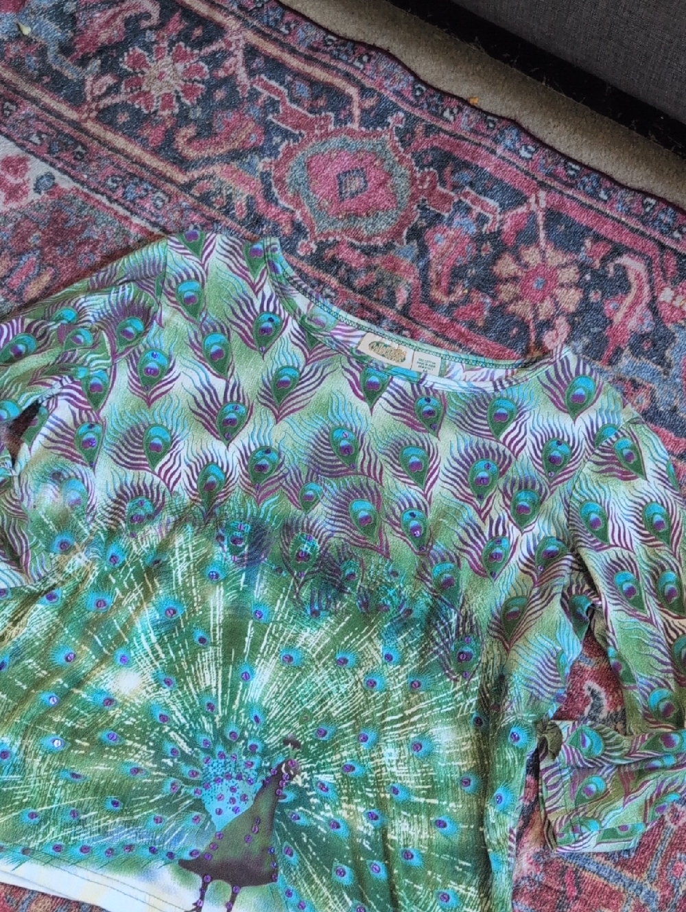 Vintage Granny core Peacock Print Long Sleeve Top in Green & Teal